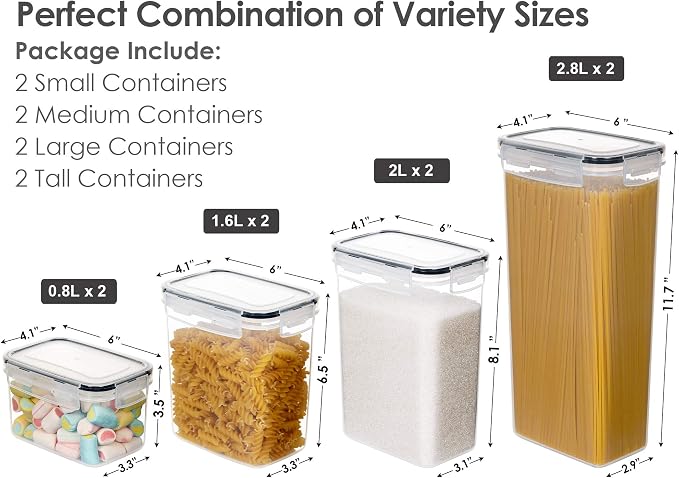 Airtight Food Storage Containers with Lids, 8 PCS | BPA-Free Kitchen Organizers with Lids, For Flour, Sugar & Cereal, Plastic Dry Food Canisters, Pantry Storage