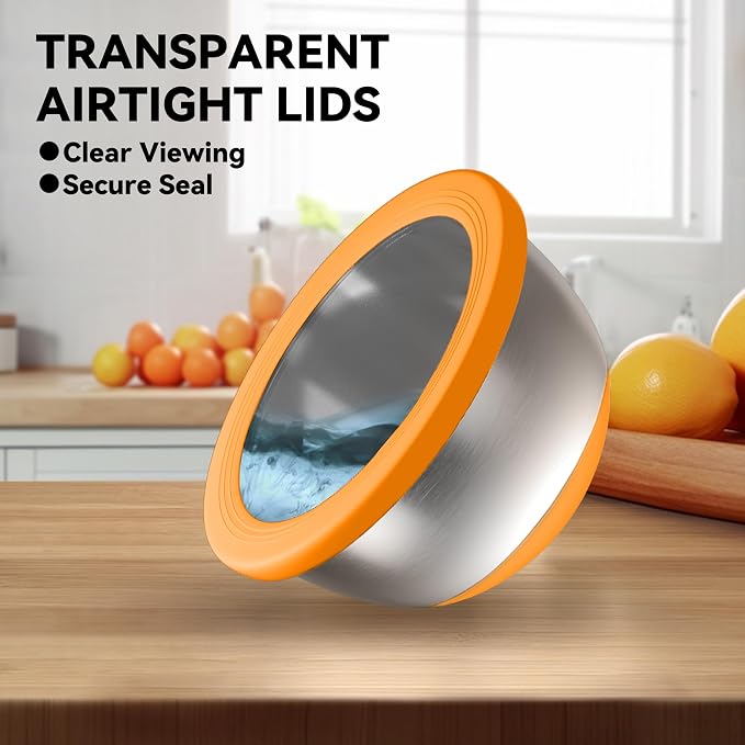 KITEISCAT Stainless Steel Mixing Bowls with Lids – Set of 5 Large Nesting Metal Bowls for Kitchen, Baking, Cooking, Food Prep & Storage, Non-Slip Base, Dishwasher Safe,Orange