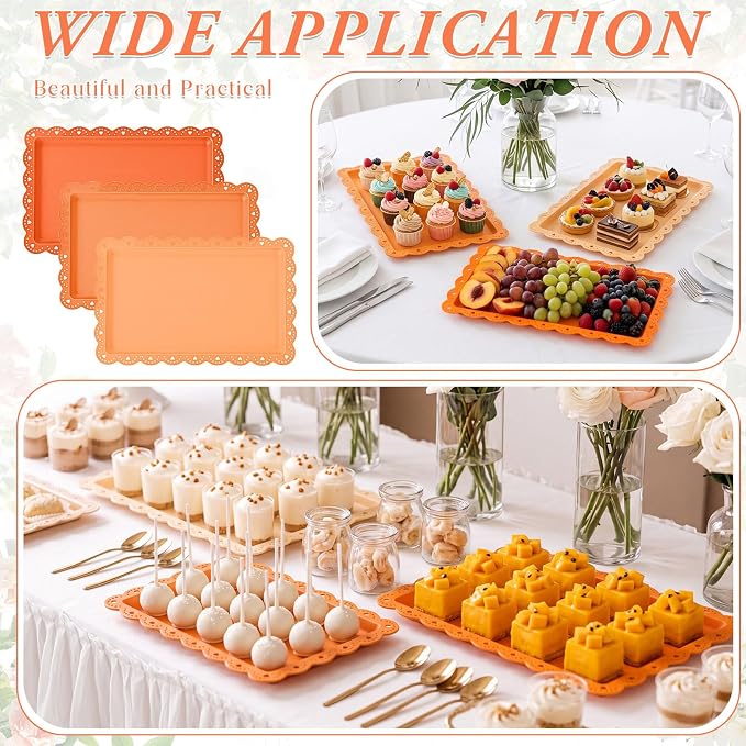 6 Pcs Orange Serving Trays Plastic Platters Dessert Cupcake Holder Party Supplies 14.4 x 9.3 Inches Rectangular Cookie Snack Display Tray for Wedding Restaurant