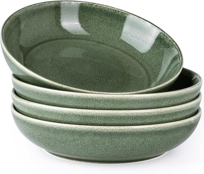 AmorArc 8.5’’ Ceramic Pasta Bowls Set of 4, 36oz Large Stoneware Bowls Set | Large Dinner Serving Bowls Set, Wide Bowl Plate for Pasta,Salad, Soup, Microwave Safe, Reactive Glaze-Jade Green