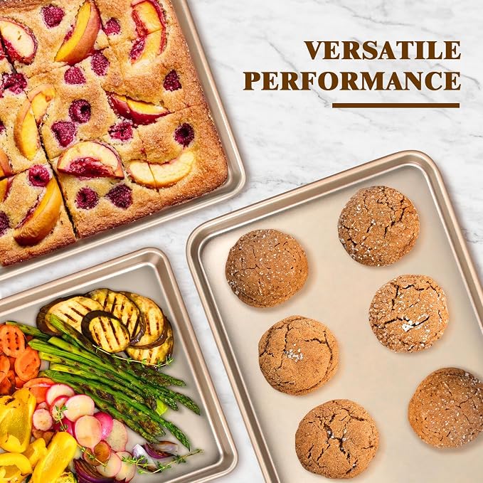 Wildone Baking Sheet Pan Set of 2, Nonstick Cookie Sheets for Baking | Thicker Carbon Steel Quarter Sheet Jelly Roll Pan, 9x13in, 10x15in, Heavy Duty & Easy Clean, Champagne Gold