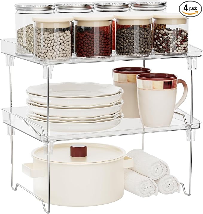 STARLATTA Acrylic Cabinet Organizer Shelf,4 Pcs Stackable Kitchen Counter Shelves,Spice Rack,Countertop Organizers,Clear Plastic Storage Organization for Makeup，Bathroom,Cupboard,Desk,Pantry