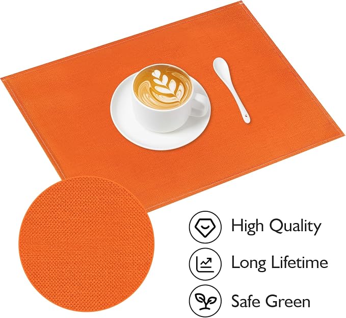 Orange Fall Placemats Set of 6, 12x18 Inch Washable Easy to Clean Heat-Resistant Anti-Skid Indoor Outdoor Table Mats for Holiday Party Kitchen Dining Room Decoration