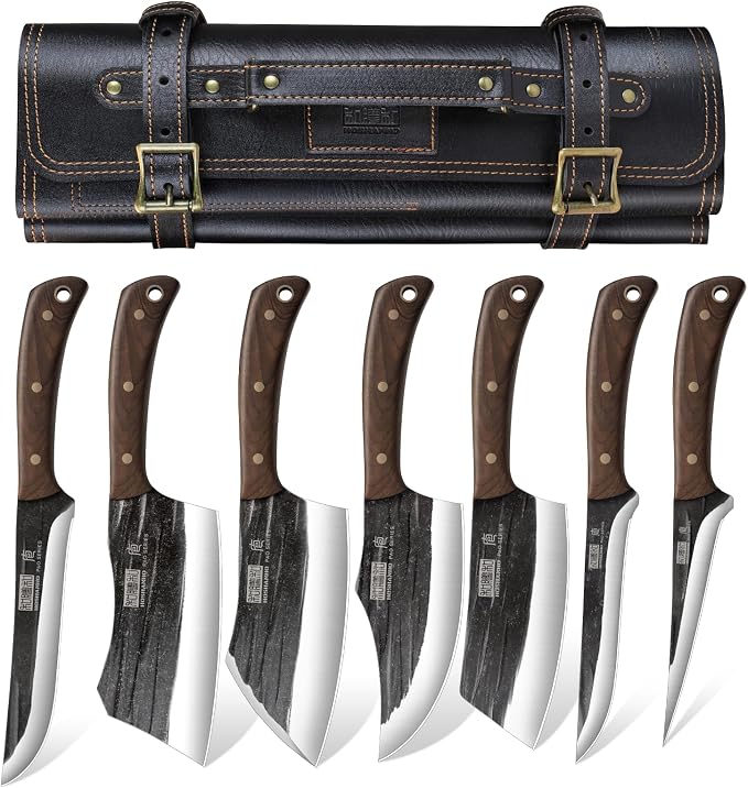 HOSHANHO Butcher Knife Set, Sharp Kitchen Knife Set & Roll Bag Gift for Men | Hand Forged 8PCS Butcher Chef Knife Set with Meat Cleaver Knife & Bone Chopper Knives & Fillet Knives for Home, Camping, BBQ