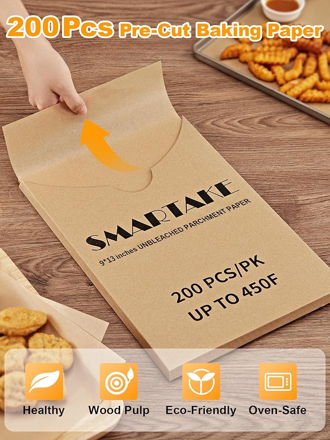 SMARTAKE 200 Pcs Parchment Paper Baking Sheets, 9x13 Inches, Non-Stick | Unbleached Pre-Cut Greaseproof Baking Parchment, Oven Safe up to 450°F, for Grilling Frying Steaming Bread Cup Cake Cookies