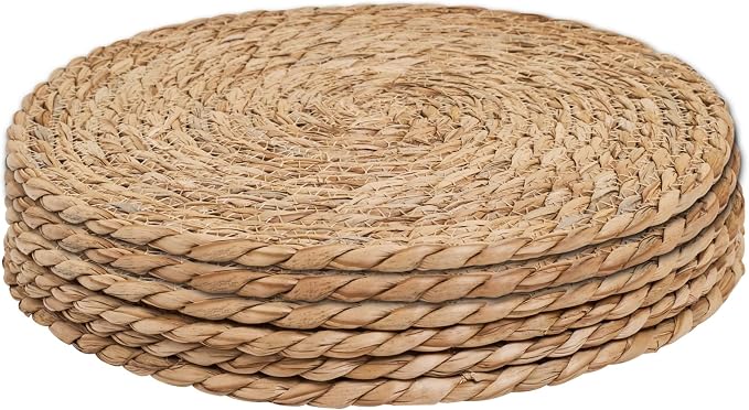6Pcs 12" Round Woven Rattan Placemats,Natural Hand-Woven Water Hyacinth Placemats,Farmhouse Weave Place Mats,Rustic Braided Wicker Table Mats (12inch Set of 6)
