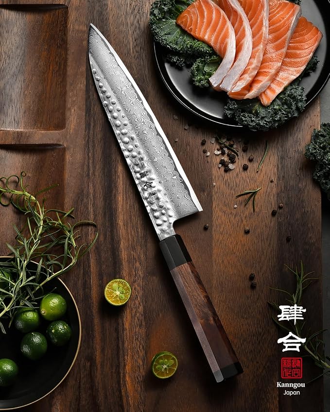 VG10 Damascus Chef Knife, 8.27 Inch Gyuto Knife with Rose Wood Handle and 67 Layers Damascus Steel, Japanese Kitchen Knife with Premium Gift Box