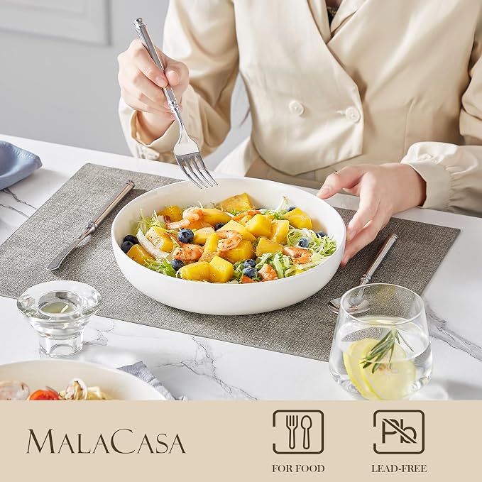 MALACASA 48 Oz Pasta Bowls Set of 4, Ceramic Salad Bowls, White | Microwave, Oven (482F), and Dishwasher Safe, For Pasta, Salad, Cereal, and Soup, 9 Inch Wide Shallow Design, Stackable, LUNA