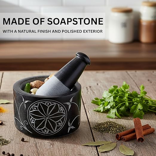 Mortar and Pestle, Made of Heavy Duty Polished Hard Stone, Natural Stone Grinder for Spices, Pastes, Herbs, Seasoning etc. (Nirvana, Normal)