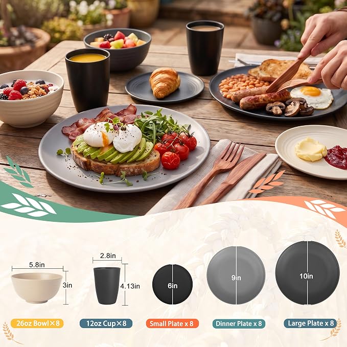PYRMONT 40-Piece Premium Wheat Straw Dinnerware Sets Unbreakable Plates and Bowls Sets for 8-Cereal Bowls,Kitchen Cups,Dining Plate Set for Patio,Outdoors,Beach-Grey Stone