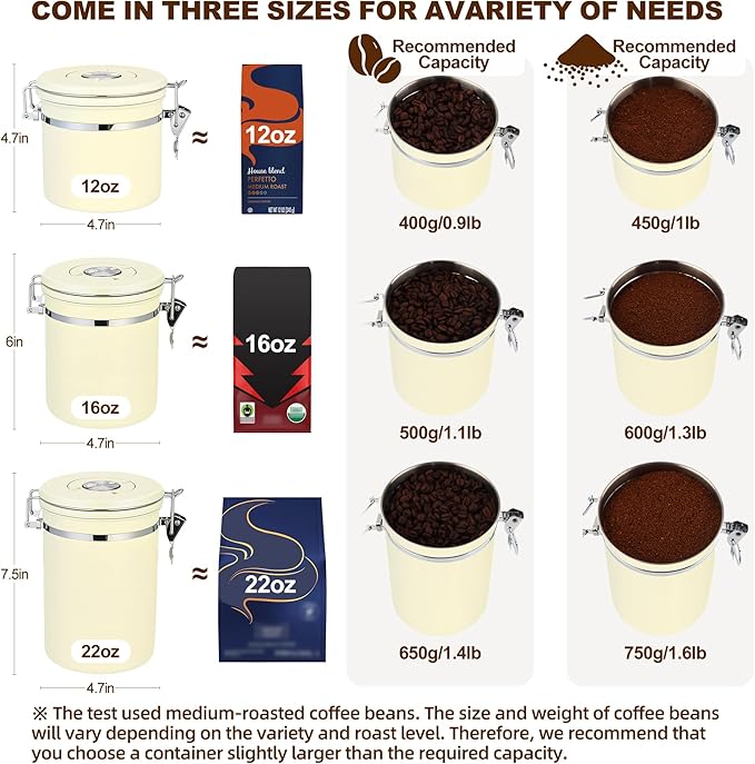 ShanSon Coffee Canister Airtight, Stainless Steel Bean Storage Container with Date Tracker & Scoop, Grounds Sugar Flour Tea Cereal Fits Kitchen Pantry, Ideal Gift for Coffee Lovers,12oz,Beige
