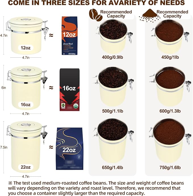 ShanSon Coffee Canister Airtight, Stainless Steel Bean Storage Container with Date Tracker & Scoop, Grounds Sugar Flour Tea Cereal Fits Kitchen Pantry, Ideal Gift for Coffee Lovers,22oz,Beige
