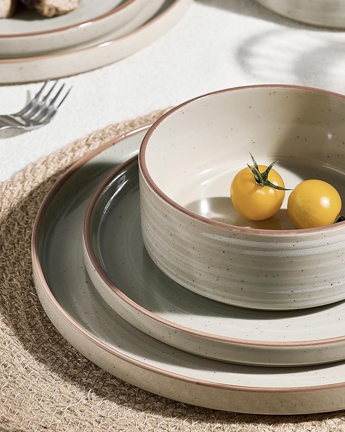 Famiware Stellar 12-Piece Stoneware Dinnerware Set, Matcha Green | Stoneware Plates and Bowls, Handmade Reactive Glaze, Microwave & Dishwasher Safe, Chip & Scratch Resistant