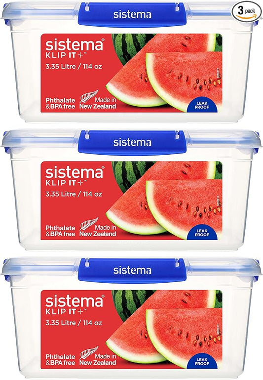 Sistema KLIP IT+ 3.35L Rectangle Food Storage Containers (3-Pack), Stackable & Airtight Food Boxes with Lids, Dishwasher, Freezer, & Microwave-Safe, BPA-Free, School Lunch Boxes