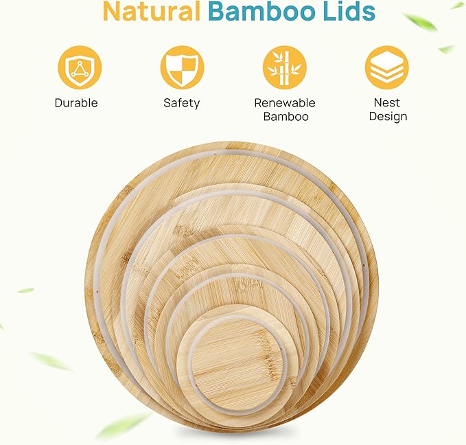 Vtopmart 5 Pack Glass Mixing Bowls with Bamboo Lids, Nesting Set | Kitchen Bowls for Mixing, Meal Prep, Serving & Baking, Space-Saving Nesting Design with Microwave and Dishwasher Safe Glass
