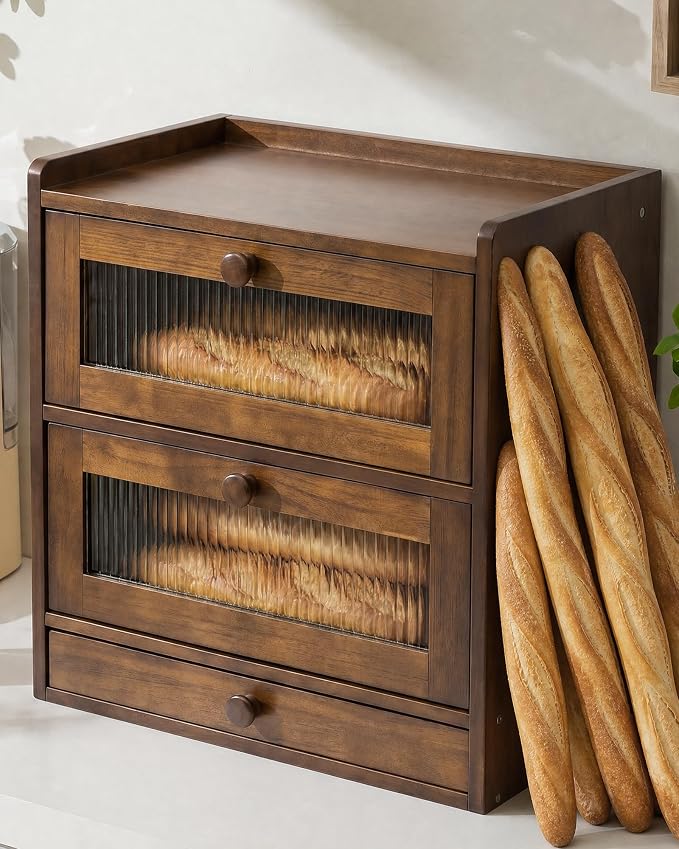 Wooden Bread Storage Box with Acrylic Viewing Window, Double-Layered Large-Capacity for Kitchen Countertops, Cutlery Storage Box, Light Natual wood color