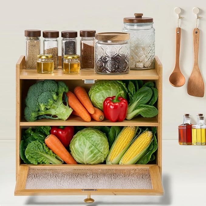 Bamboo Bread Box for Kitchen Countertop, 15.7x9.8x12.6 in, Wood Color | Double Layer Bread Box, Fluted Acrylic Doors, Farmhouse Bread Box for Homemade Bread, Loaves, Bagels, Muffins & Pastries