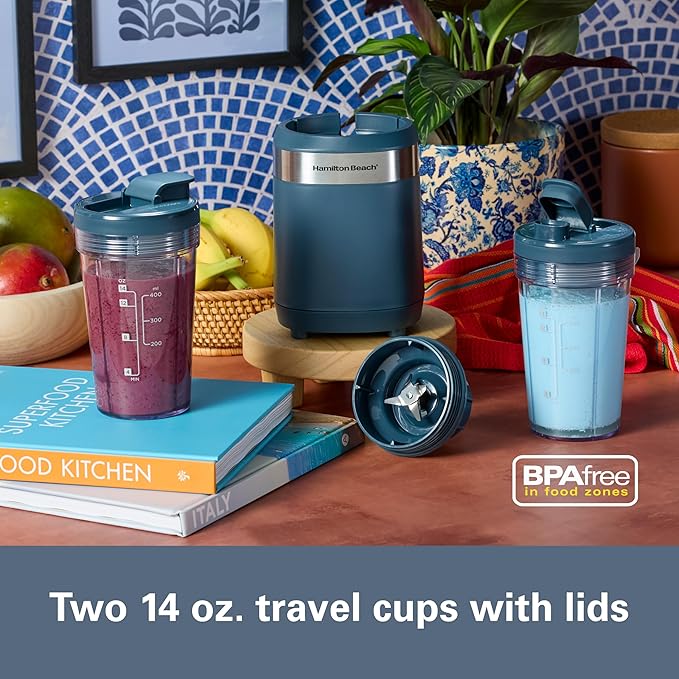 Hamilton Beach Portable Blender for Smoothies With 2 Blend & Go Jars | 2 14 oz. Personal Blender Jars and Lids | Powerful 400 Watt Motor | Stainless Steel Blades | Kitchen Makeover Blue | 51202J