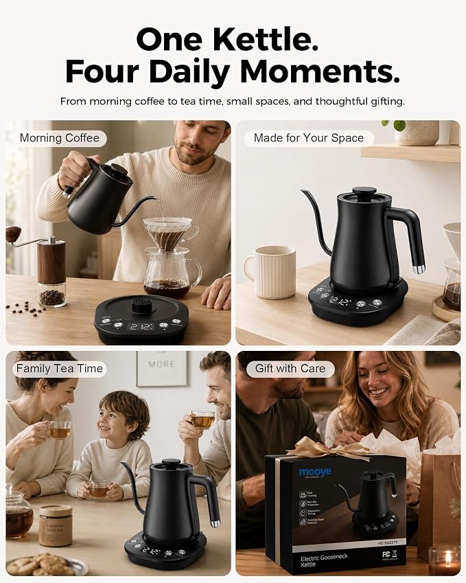 Gooseneck Electric Kettle with ±1℉ Temperature Control, 304 Stainless Steel Interior, BPA Free, 1200 Watt Rapid, Brew Timer, Automatic Shut Off for Pour Over Coffee, Brew Tea（Matte Black）