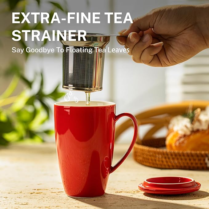 Sweese 15 OZ Porcelain Tea Mug with Infuser and Lid, Loose Leaf Tea Cup, Gifts for Tea Lover, Red