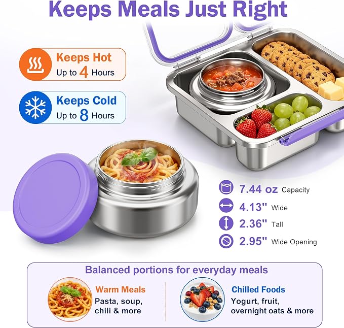 Pawtong Stainless Steel Bento Box Kids Adult with 7oz Insulated Food Jar, Transparent Lid Metal Lunch Box With Soup Thermal Jar, Lunch Box Container with Removable Divider & Sauce Cup School (Purple)