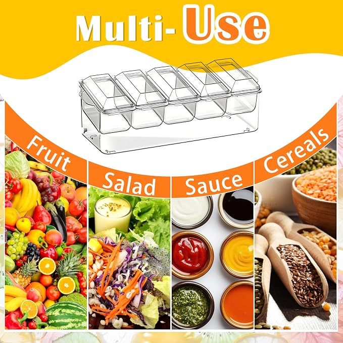 ARSTPEOE Condiment Tray, Chilled Condiment Server, Bar Accessories on Ice | Condiment Caddy for Home, Party and Celebration, Bar Accessories with Removable Trays and Lids (5 Spoons & 2 Tongs)