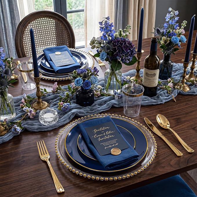KIRE 350Pcs Blue and Gold Plates -Heavy Duty Navy Blue Dinnerware Set - 100 Plastic Plates 50 Pre Rolled Napkins with Gold Plastic Silverware 50 Cups for Party/Wedding/Birthday