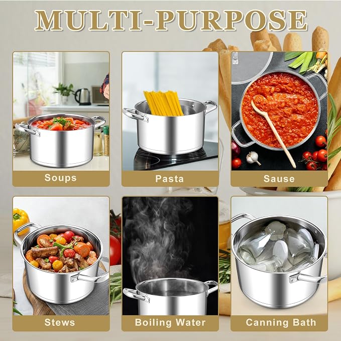 Leonyo 5Qt Stockpot with Lid, Stainless Steel Stock Pot for Cooking Soup | 3-Ply Heat-conducting Base for All Stoves, Stewing & Boiling & Simmering
