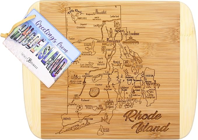 Totally Bamboo A Slice of Life Rhode Island Engraved Map Cutting Board | 11” x 8.75” charcuterie board with engraved state map artwork. Smooth reverse side for food prep. Hang tie for wall display.