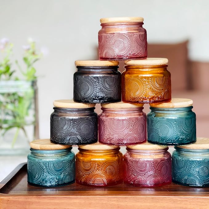 4 oz Decorative Small Glass Jars with Airtight Bamboo Lids, Orange 12 Pack | Vintage embossed color coated containers, kitchen pantry bathroom organization & decor, spices, DIY gifts, candle making