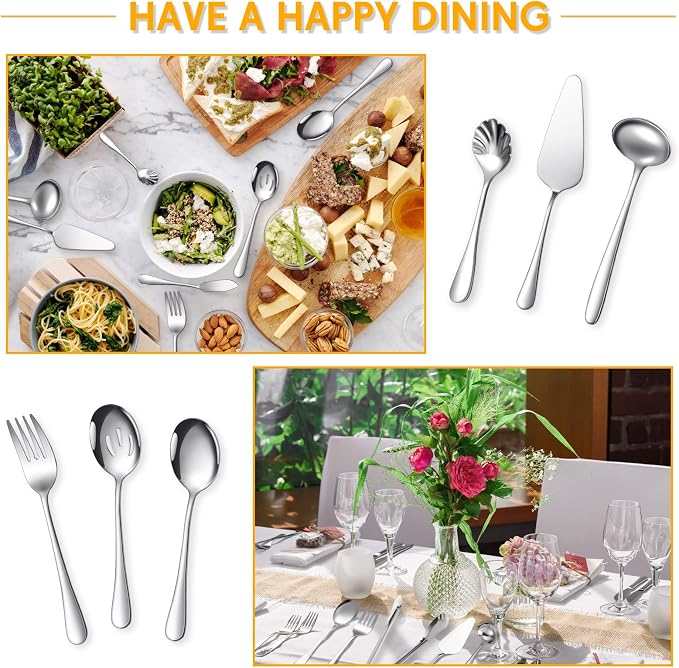 Patelai Serving Utensils Set Include Stainless Steel Large Spoons Slotted Spoons Forks Tongs Soup Ladle and Pie Server for Parties Buffet Catering, Dishwasher Safe(Silver,7 Pieces)