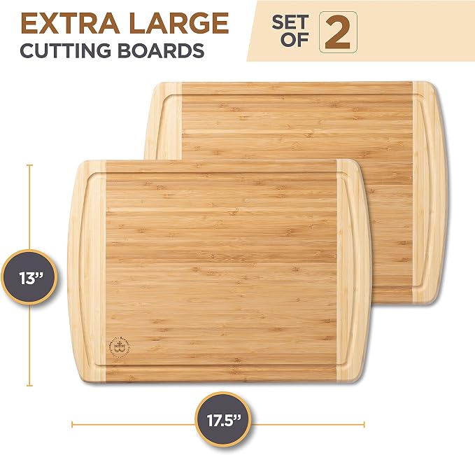 Bamboo Cutting Boards for Kitchen Set of 2 - Large Bamboo Cutting Board 18 x 13 Inch, Non Toxic Wooden Cutting Board with Juice Groove + Handle, Reversible Butcher Block Chopping Boards by Bambusi