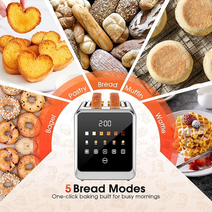 2 Slice Toaster with Touch Screen, 1.5" Wide Slot for Bagels, Smart Digital | Toasters with Single Slot Toasting, Memory Function, 5 Bread Types & 6 Shade Settings, Defrost, Reheat, Removable Crumb Tray