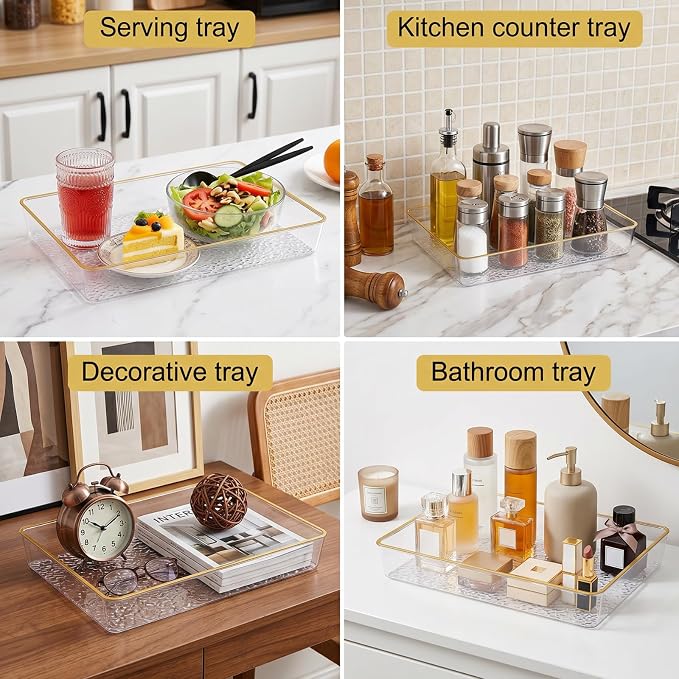 Cididu 4 Pack Clear Serving Trays, Deep Serving Platters Rectangle 12'' x 8'', Decorative Tray with Gold Rim, Reusable Plastic Tray Organizer for Coffee Table Pantry Party Food Display Spill Proof