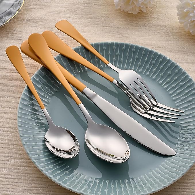 20-Piece Orange Silverware Set 18/0 Stainless Steel Silverware Set Orange Handle Cutlery Set Service for 4 Dinner Knives Forks Spoons Set Flatware Set Finish Dishwasher Safe