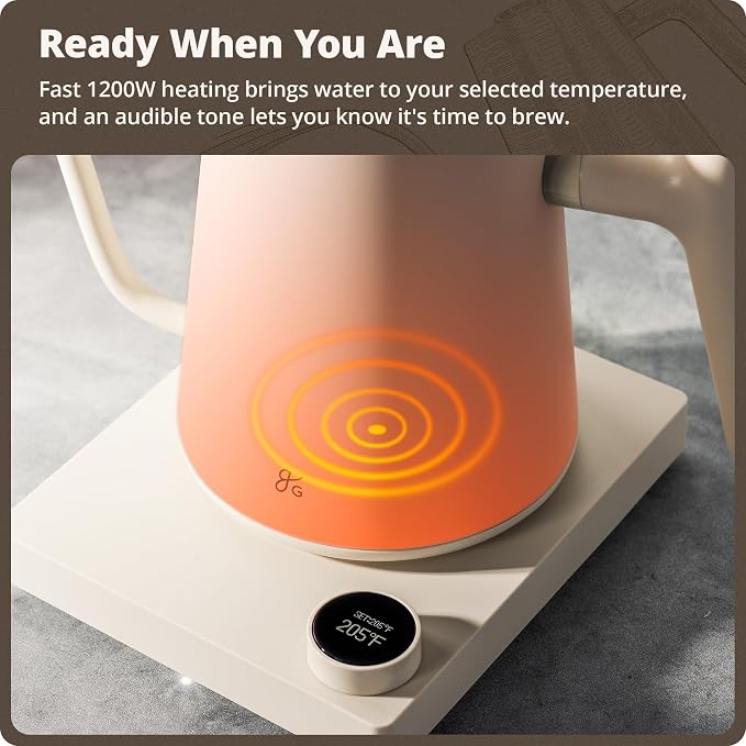 Greater Goods Gooseneck Electric Kettle, 1200W Temperature Control, 0.8L | Pour-Over & Tea Kettle with Stainless Steel Interior, Built-In Brew Timer, Fast Heating for Chemex, V60, & Matcha (White)