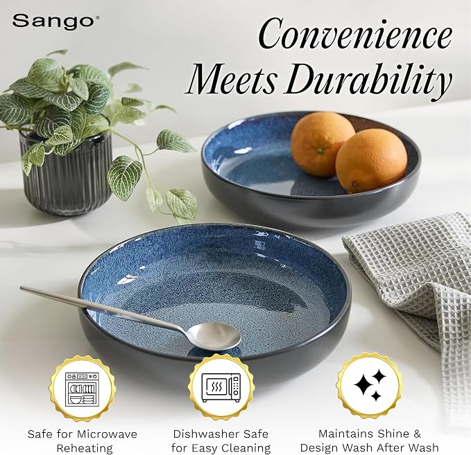 Sango Resona Blue & Black Large Serving Bowl (Set of 2), 64.25 oz, 10" Stoneware Bowls for Pasta, Salad & Dinner, Ceramic Bowls for Entertaining with Glossy Reactive Glaze, Dishwasher & Microwave Safe
