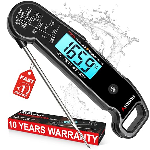 Atogou Professional Meat Thermometer Digital, <1 Sec Instant Read, Black | ±0.5℉Accuracy, IP67 Waterproof, Thermocouple Sensor Probe, with Hold, Magnetic Back, for Kithchen, BBQ, Grill for Men Him Dad