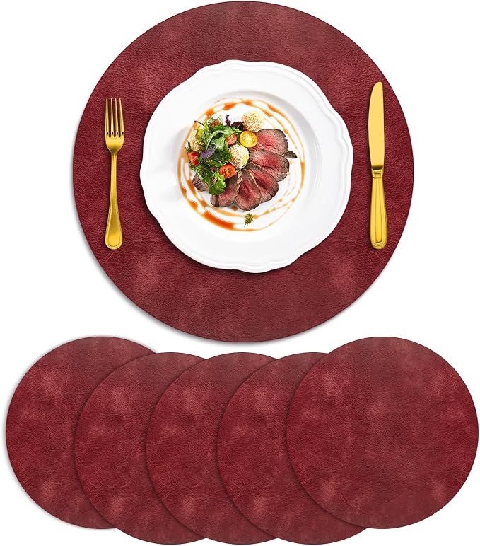 ADRIMER Placemats, Heat Resistant Round Placemats Set of 6 Washable, Waterproof Table Mats, Wipeable Faux Leather Place Mats for Kitchen, Dining Room, Wine Red