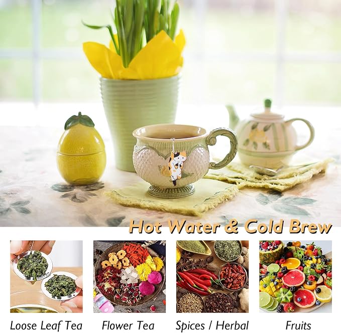 Cat Tea Infuser Set - Enhance Your Tea Experience with Premium Loose Leaf Tea Strainers and Balls, 2 PCS Gold-Plated Cute Cat Charm Pendant Tea Steeper, Stainless Steel Mesh Tea Diffuser