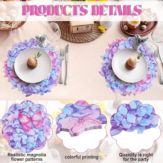 Glenmal 100 Pcs Hydrangea Placemats Purple Floral Place Mats Disposable Summer Flower Paper Decorative Placemats Bulk for Dining Table Mat Tea Party Wedding Kitchen Decor Bridal Baby Shower 13 Inch