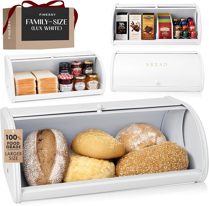 FINESSY Large Bread Box Roll Top, White Metal Bread Box For Kitchen Counter | Bread Box For Homemade Bread, Holds Two Loaves, Bagels & Muffins. White Metal Bread Box With Roll Top Lid 17.3 × 10.4 × 6.8