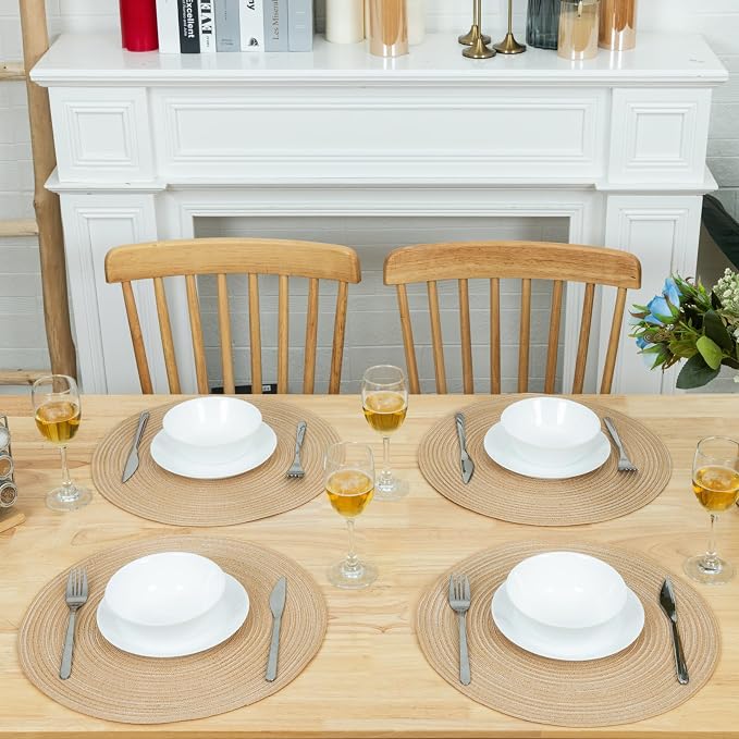 Winknowl Round Braided Placemats Set of 4 Washable Woven Heat Resistant Table Mats for Kitchen Dining Tables 15 inch Round Place Mats (Beige,4)