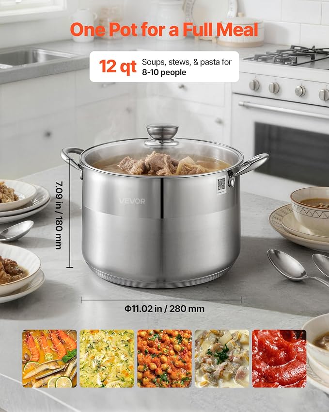 VEVOR Stainless Steel Stock Pot, 12QT Stainless Steel Stockpot with Glass Lid, PFOA-Free, PFAS-Free, Compatible with Gas Stoves, Induction Cooktops, Electric Stoves, for Soups, Stews, and Pasta