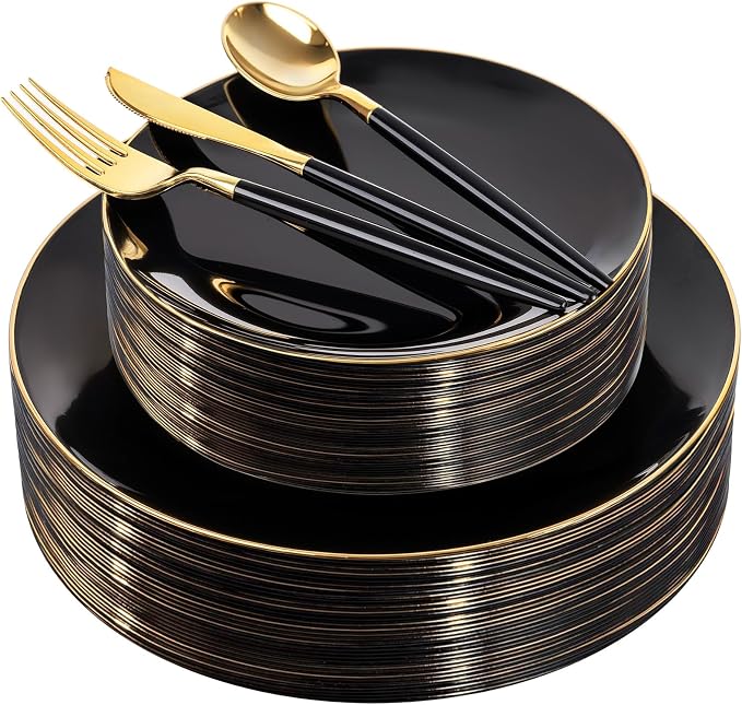 DaYammi 150Pcs Black Plastic Plates with Gold Silverware,Black Disposable Plates Set Included 30 Dinner Plate,30 Dessert plate,30 Knives,30 Forks,30 Spoons,black and gold plates for Party Wedding