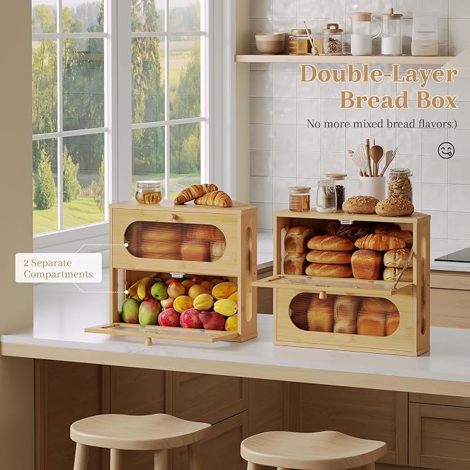 Corner Bread Box for Kitchen Countertop, 2026 New Double Layer Bamboo Bread Storage Bin, Large Bread Container for homemade bread (Natural)