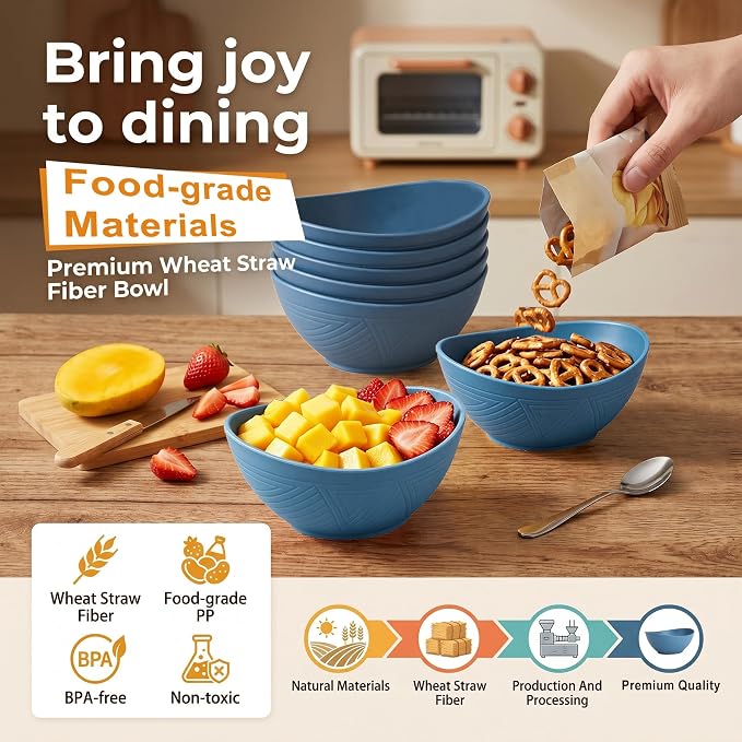 26oz Wheat Straw Bowls Sets of 6, Unbreakable & Stackable Ramen Bowl, Microwave & Dishwasher Safe Dinner Bowls for Rice, Salad, Noodle, Fruit, Kitchen Bowls for Restaurant, RV, Party - Blue