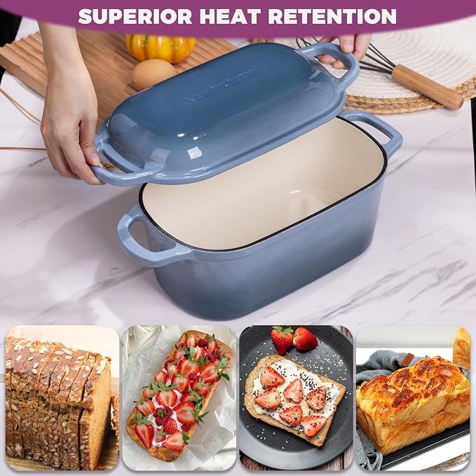 4.6-Quart Oval Dutch Oven for Bread Baking | 2 in 1 Enameled Cast Iron Bread Pan with Lid, Sourdough Baking Pan for a Crispy Crust, Seasalt