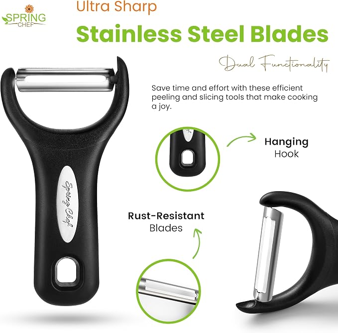 Spring Chef Stainless Steel Y Shaped Vegetable Peeler for Kitchen - Black | Heavy Duty Potato Peeler with Ultra Sharp Blades & Soft Grip Handle for Apple, Carrot, Cucumber, Veggie, Fruit, Citrus