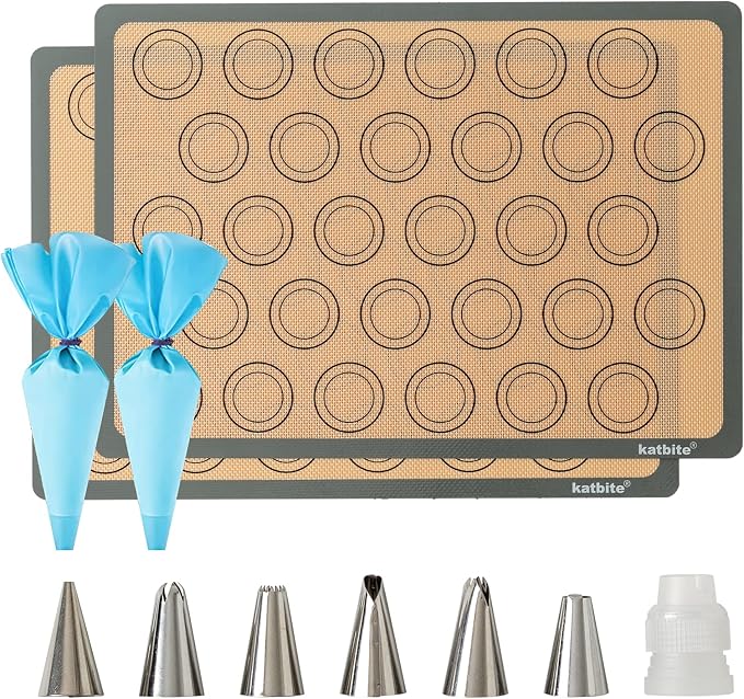 Katbite Macaron Silicone Baking Mat Set of 2 Grey | 2 Half Sheet Mats, Reusable & Nonstick Macarons Baking Supplies Silicone Bakeware Mats for Macarons Cookies
